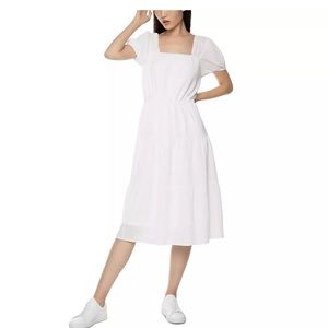 NWT BLACK TAPE Women's White Puff-Sleeve Square Neck Tiered Midi Dress SZ S